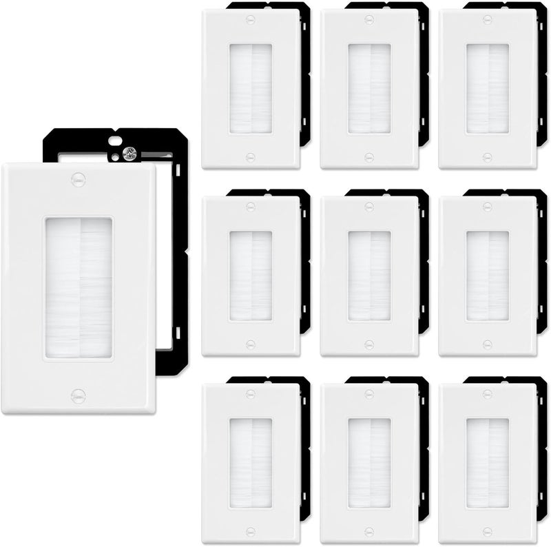 FGBB 10 Pack Brush Wall Plate with Low Voltage Mounting Bracket, Cable Pass Through Wall Plate for Wires, Single Gang Cable Access Strap, Wall Socket - White - Image 1